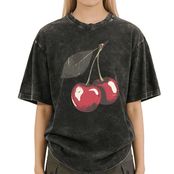 Black Wash Print Tshirt Vintage Cherry Print Summer Gift Graphic Tees S-2XL Tops