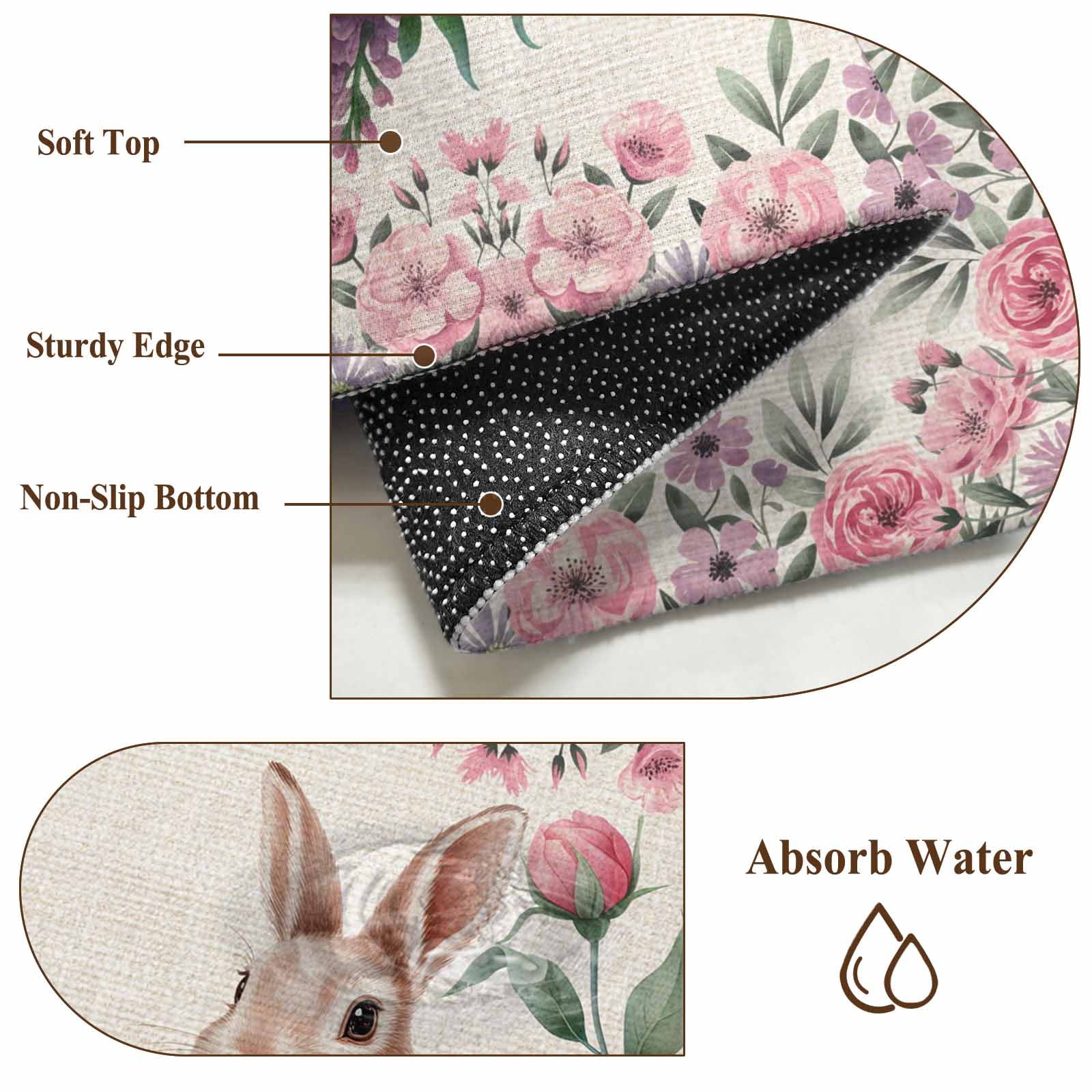Easter Bunny Roses Area Rugs 2.7'x5', Washable Small Throw Rugs for Kitchen Bedroom, Pink Floral Spring Linen Indoor Outdoor Rug Non-Slip Low Pile Carpet Runner Reversible Floor Mats