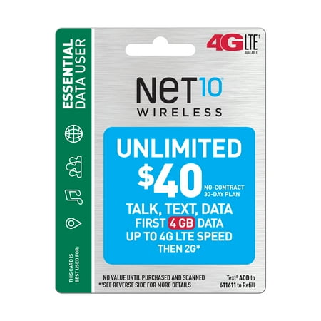 Net10 $40 Unlimited 30 Day Plan (4GB of data at high speed, then 2G*) (Email Delivery)