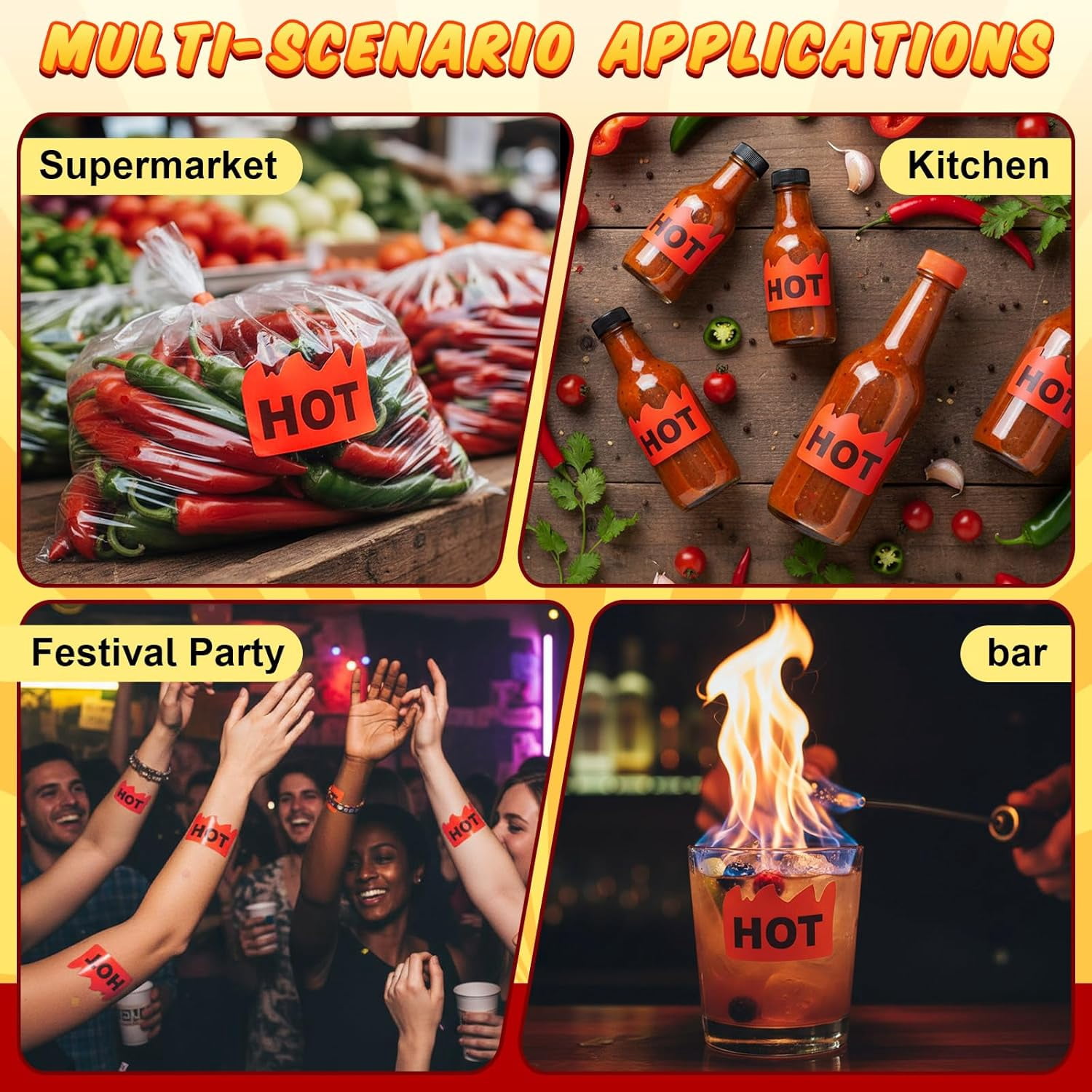 500pcs Rave Hot Stickers 2 x 1-1/5 Inch Fluorescent Red, Hot Flame Fire Shape Labels, Marking Popular Items for Party, Restaurants, Spicy Food (Fluorescent Red)