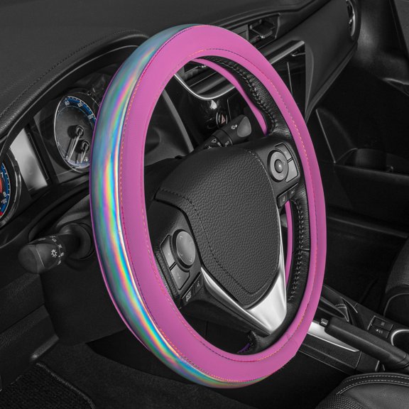 BDK Sharper Image Pink Prism Ultra Soft Comfy Grip Iridescent Leather Steering Wheel Cover - Universal Size 14.5 15 15.5 Inch (Pink-Rainbow)