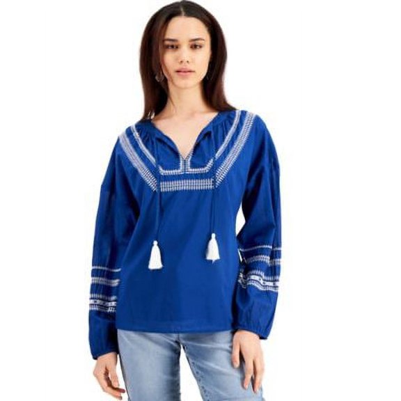 MSRP $50 Style & Co Embroidered Peasant Top Blue Size Small