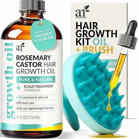 Artnaturals Organic Rosemary and Castor Hair Oil Set with Massager, 4 oz, with Coconut and Olive Oil for Dry Damaged Hair and Split Ends