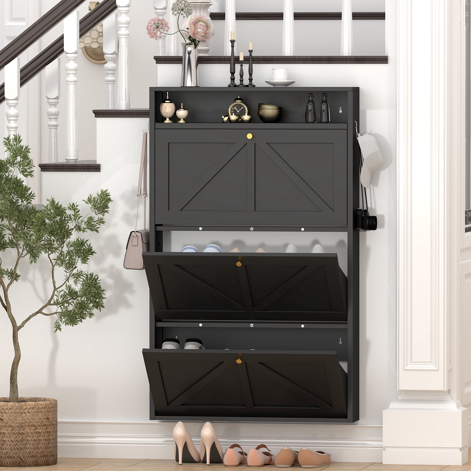 Aisword Modern Metal Shoe Cabinet with 3 Flip Drawers & Open Shelf,Narrow Slim Wall-Mounted Hidden Shoe Organizer Shoe Rack for Entryway,Black