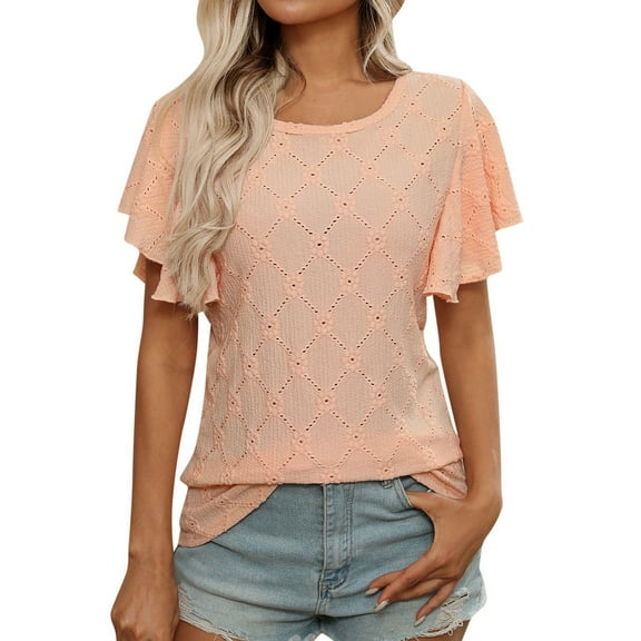 OSOLU Solid Color Women Summer T-Shirt Tshirts Tee With Floral Hollow Ruffle Sleeves For Casual Wear Relaxed Fit Dailywear
