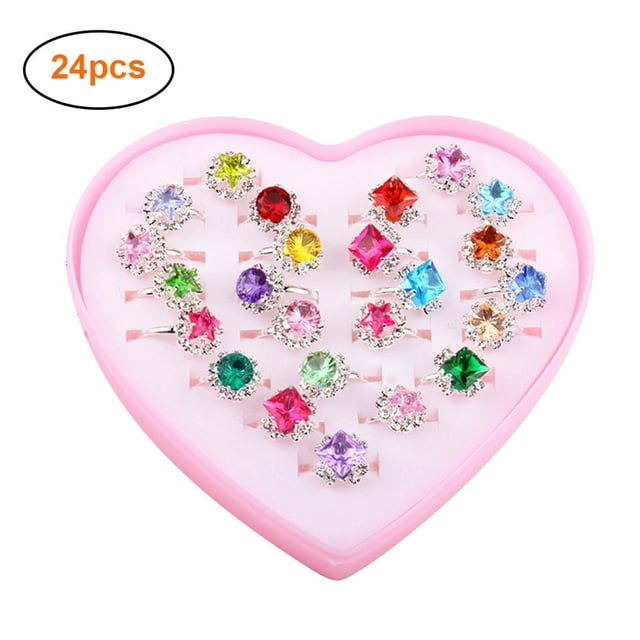 pitrice 24pcs Children's Rings Adjustable Girls Rings Lovely Flower Star Crystal Rhinestone Kids Rings