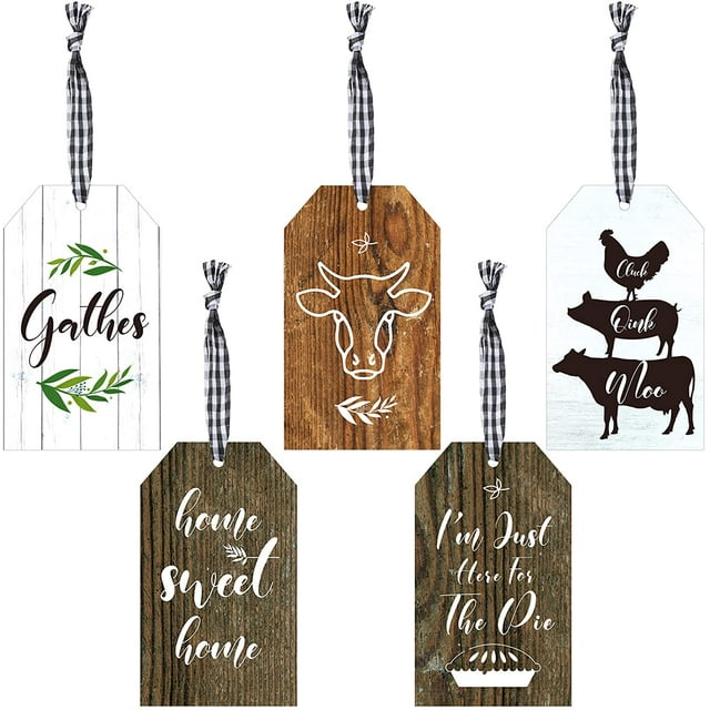 5 Pieces Farmhouse Tiered Tray Decor Home Sweet Home Wood Sign Table Kitchen Rustic Wood Decoration with Buffalo Plaid Ribbons for Thanksgiving Fall Autumn Decor