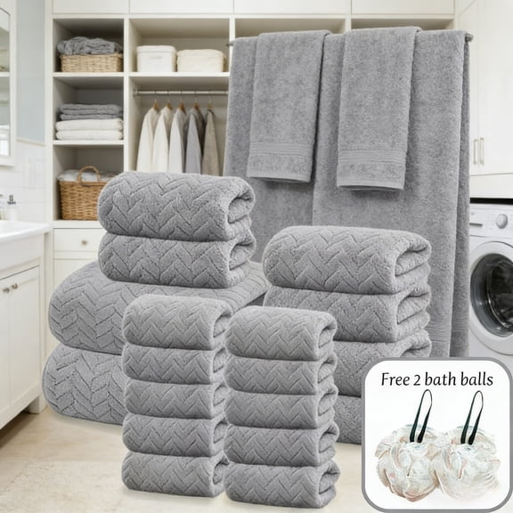 18 Pcs Ultra Soft Microfiber Towel Set (2 Bath Towels, 6 Hand Towels, 10 Washcloths) with 2 Free Bath Loofahs, Absorbent Quick Dry Towels for Bathroom, Gym, Hotel - Grey