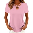 thumbnail image 3 of Craaazy Women Fashion Tops Loose Fit Solid Color Round Neck Ring Detail Short Sleeve Curved Hem Tops for Daily Wear Gift, 3 of 6