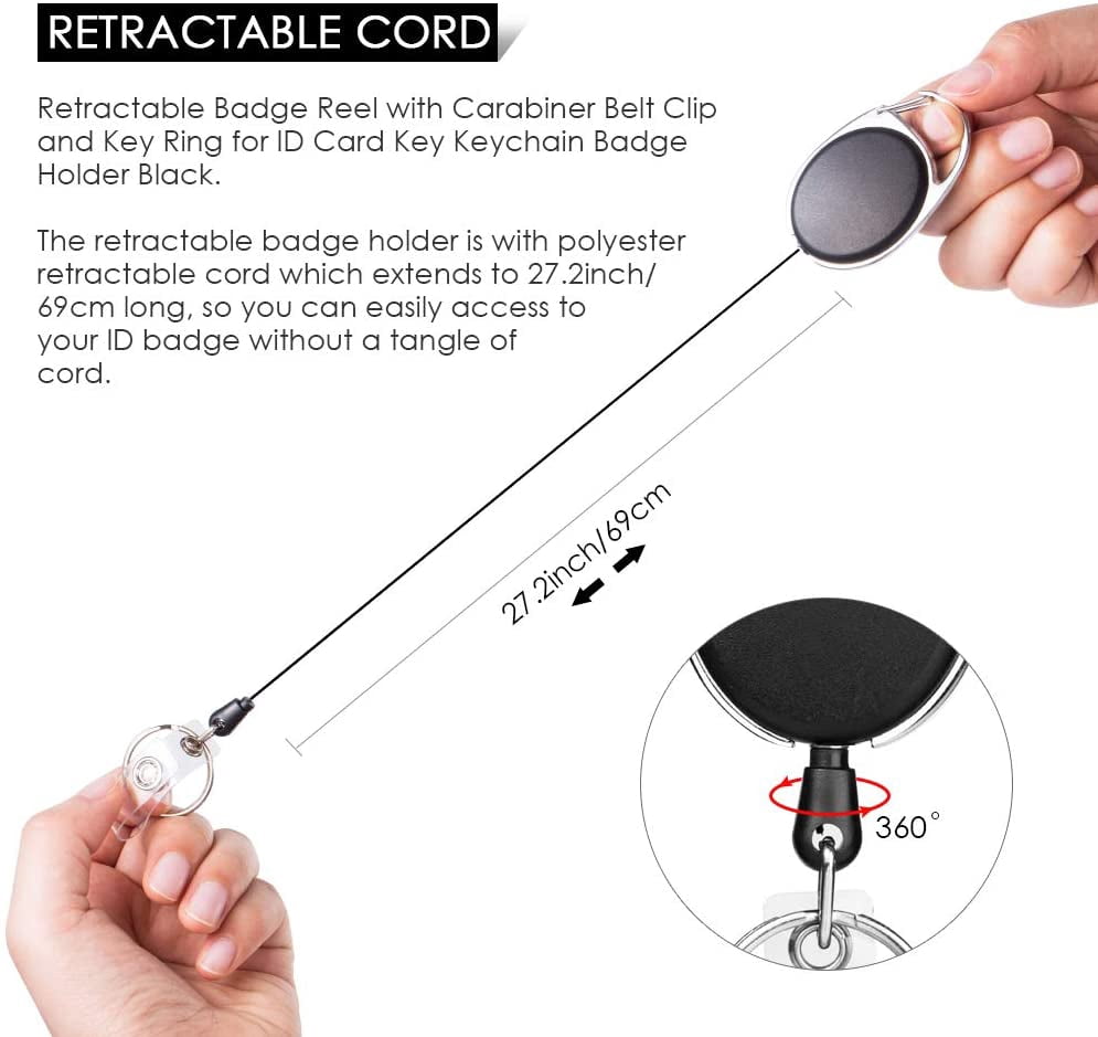 2 Pack ID Badge Holder,Badge Holder Retractable Clip with Carabiner Reel Clip and Key Ring for Men and Women