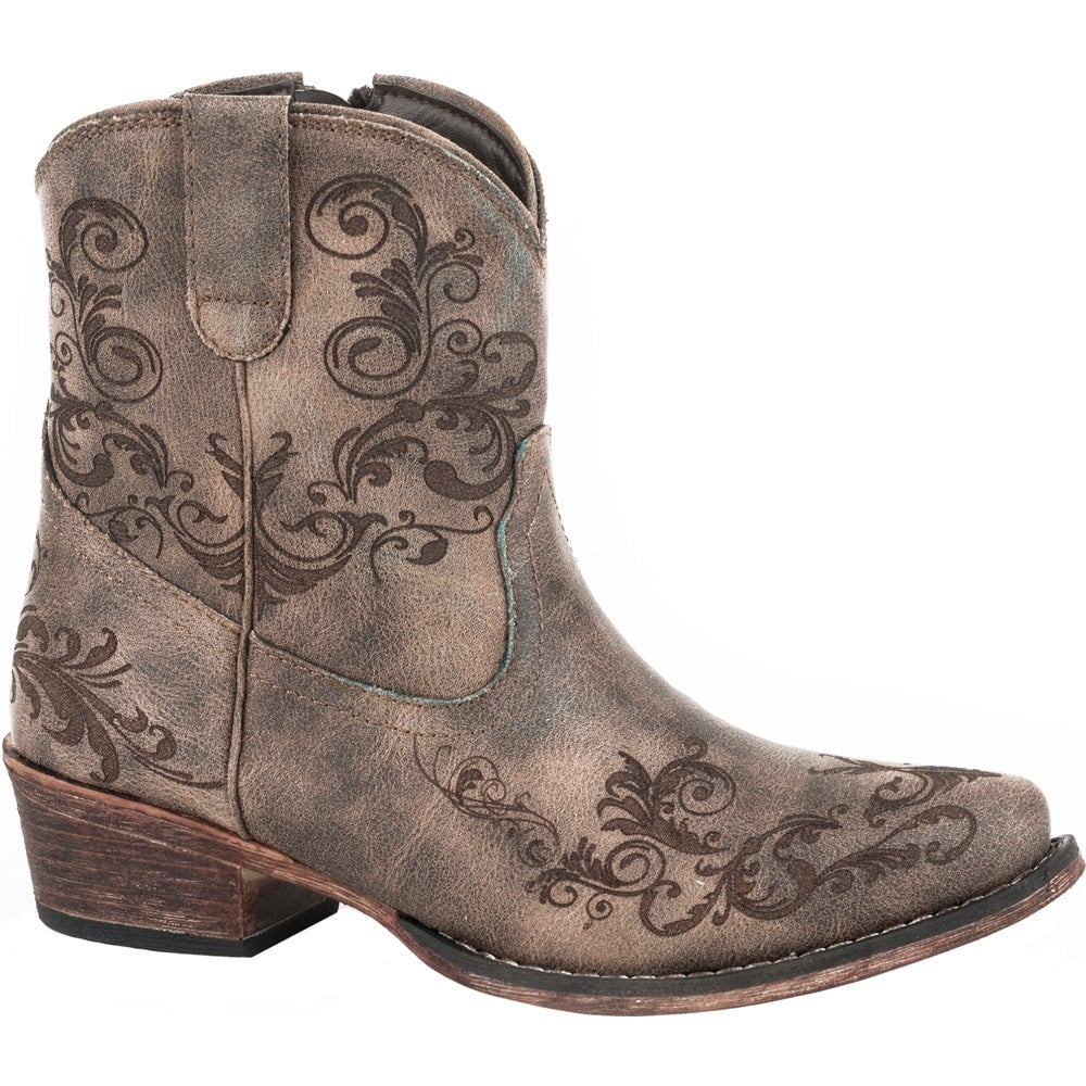 Roper Women's Ladies Turquoise Rhinestone Cross Inlay Brown Leather Cowboy Boots 