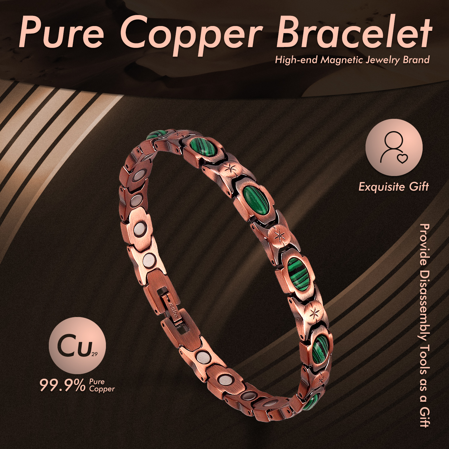 STONE ROCK - Malachite Copper Bracelets for Women or Men - 99.99% Solid Pure Copper Magnetic Bracelets Adjustable