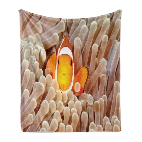 Ocean Soft Flannel Fleece Throw Blanket, Clown Fish Swimming in Tentacles in Pacific Ocean Bali Indonesia Marine Wildlife, Cozy Plush for Indoor and Outdoor Use, 50" x 60", Beige Orange, by Ambesonne