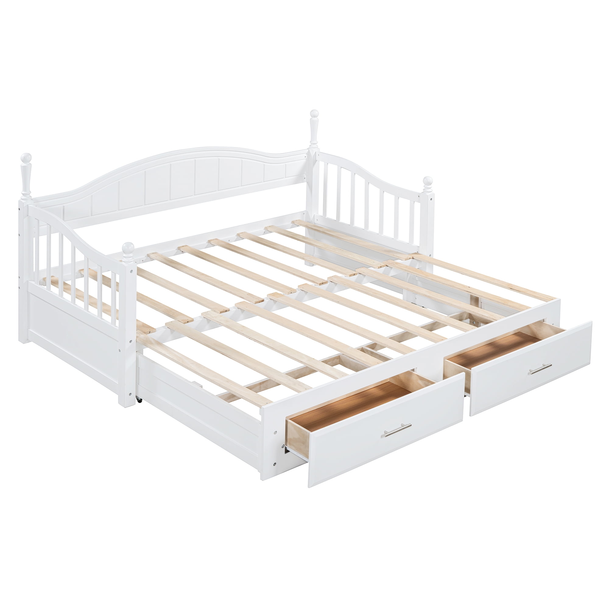 Euroco Wood Twin Size Daybed with Trundle and Drawers, Extendable Bed, White
