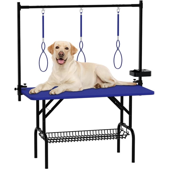 47''Large Dog Grooming Table, Foldable Pet Station at Home, Dog Grooming Table,Adjustable Cat Drying Desktop with Arms, Nooses, Mesh Tray (47Inch Pet Grooming Table Blue)