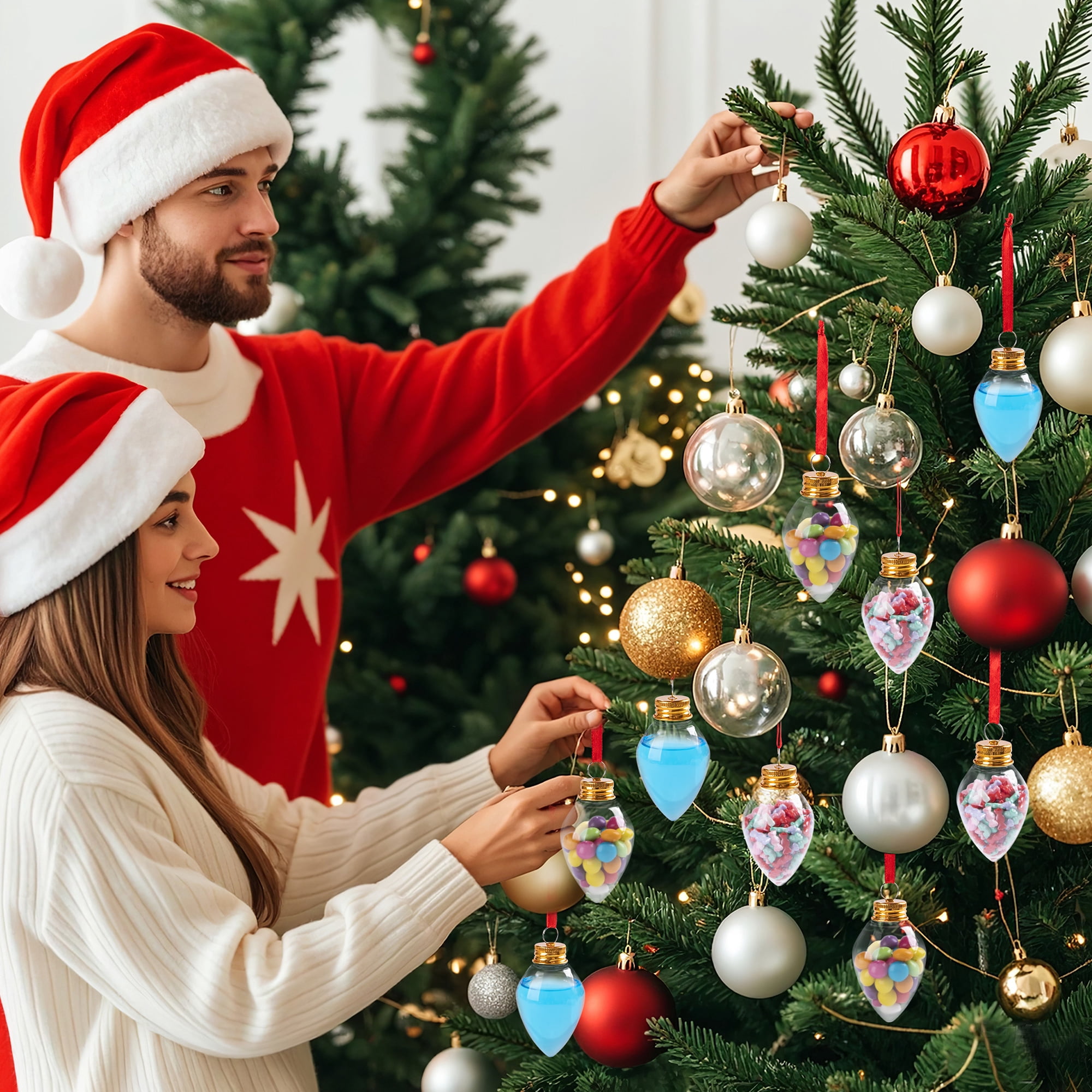 Fillable Christmas Ornament Drink Balls, 50 ml Reusable Clear Plastic Shot Glass Ornaments, Drop Shape Hanging Decorations, 6 Pack