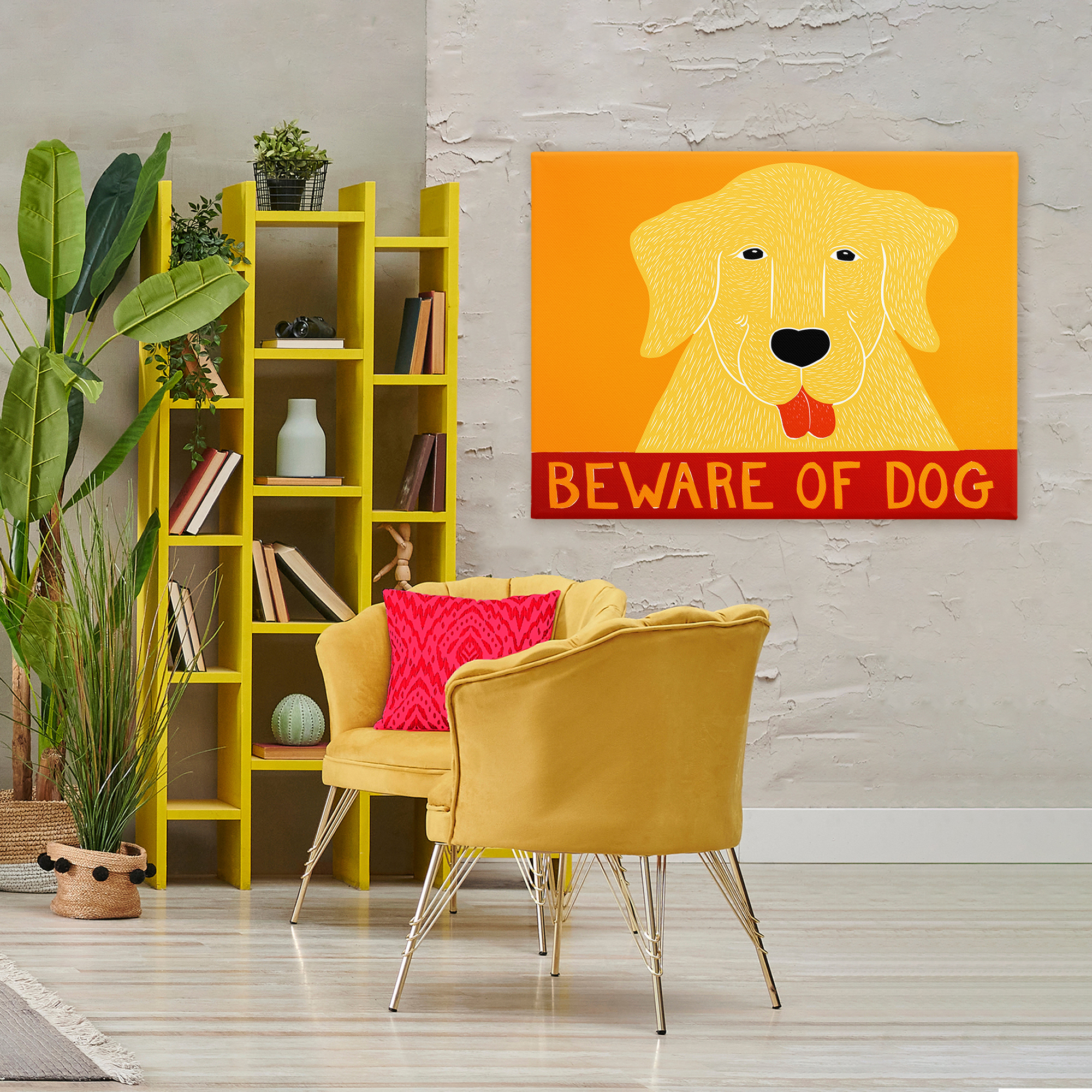 Beware Of Dog Yellow & Red Canvas Wall Art, design by Stephen Huneck