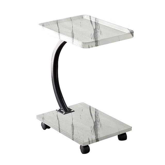 Bureau d'Ordinateur Portable Roulant en Forme de C à 2 Niveaux avec Roulettes, Table de Chevet Mobile Gain de Place avec Roulettes Verrouillables, Support d'Ordinateur Compact pour Canapé et Petits Espaces, Bois Naturel/blanc/noyer
