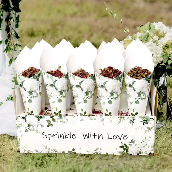 Wedding Confetti Cone Kit with Stand Box and Rose Petals, 30Pcs Paper Cones with Holder and Tape, Floral Petal Toss Set for Wedding Ceremony Exit Party Decoration Supplies