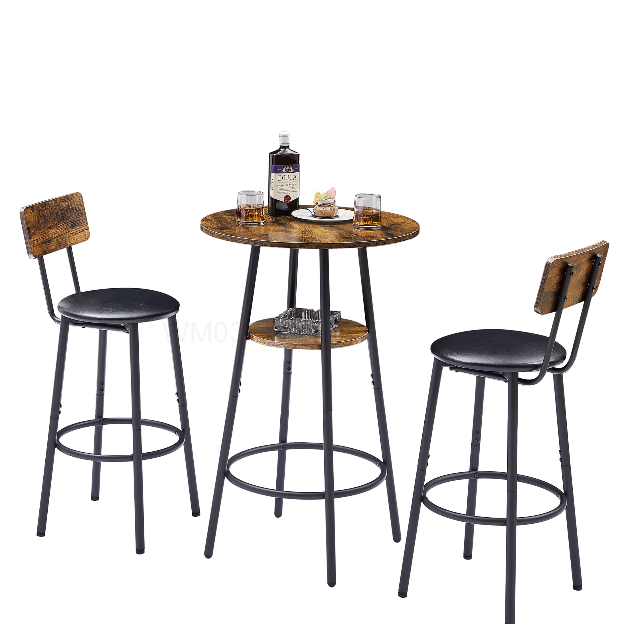 Industrial Style Bar Table Set with 2 Padded Stools, Rustic Brown Finish with Shelf