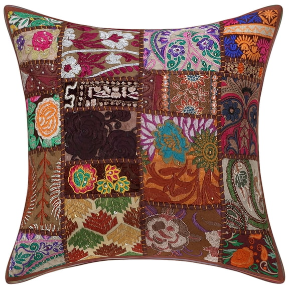 Stylo Culture Indian Cotton Living Room Throw Pillow Sham Cover Dark Brown 16 x 16 Bohemian Vintage Patchwork Indian Couch Cushion Cover 40x40 cm Decorative Abstract Square Pillowcase | 1 Pc