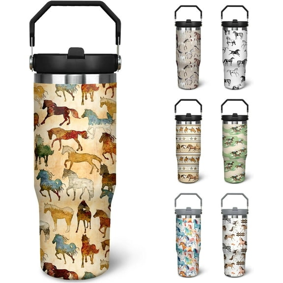 30 oz Horse Tumbler With Handle and Straw, 30oz Horse Flip Straw Tumbler Insulated Coffee Travel Mugs Cup Water Bottle Horse Gifts for Horse Lovers Women Girls