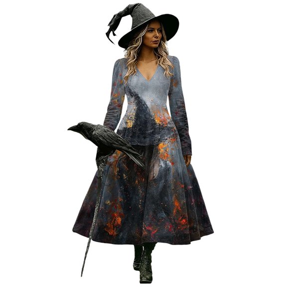 Halloween Dresses for Women, Long Sleeve V-Neck Halloween Midi Dress Graphic Printed A-Line Fancy Dress Witch Costume Outfit for Party Carnival