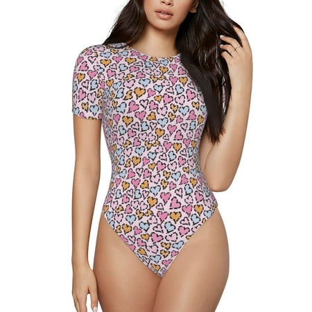 Salouo love heart for Women s Short Sleeve Bodysuit Sexy Bodysuits One Piece Round Neck Bodysuit Shapewear Tummy Control-Medium
