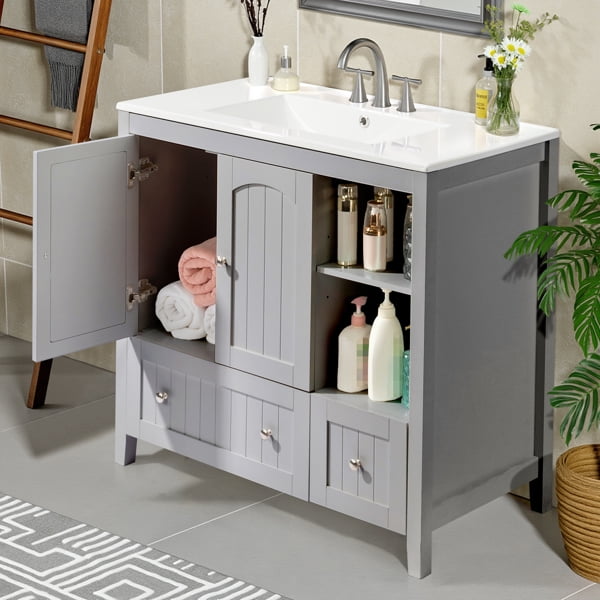 Modern Gray MDF Double Door Double Drawer Bathroom Vanity Cabinet with Decorative Strips, Without a Basin, 36"W x 18"D x 32"H for Bathroom Storage