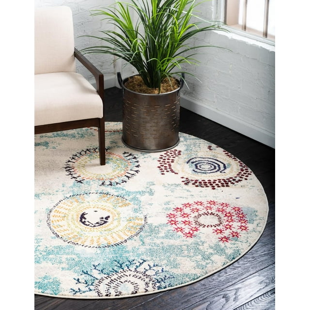 Unique Loom Estrella Collection Modern, Abstract, Colors, Distressed Area Rug, 6 ft x 6 ft, Beige/Light Blue