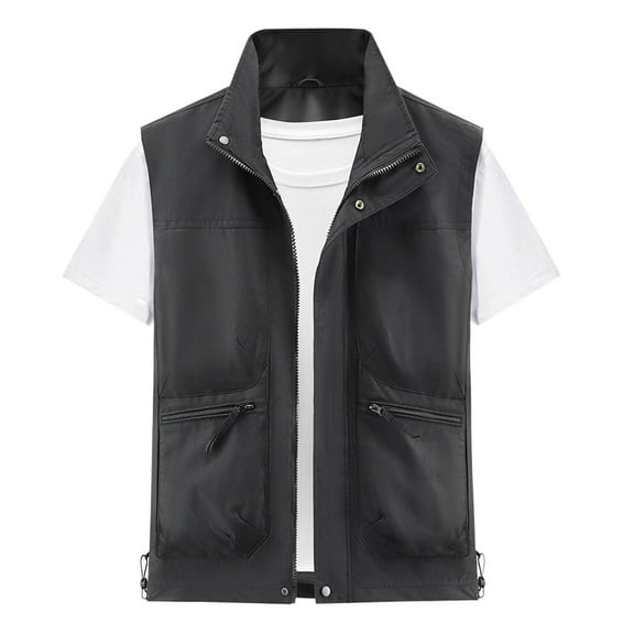Men's Thin Stand Collar Vest Lightweight Outdoor Work Cargo Jacket Multi-bag Sleeveless Outwear