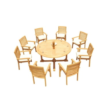 Grade-A Teak Dining Set: 8 Seater 9 Pc: 60" Round Table And 8 Hari Stacking Arm Chairs Outdoor Patio WholesaleTeak #51HR1209
