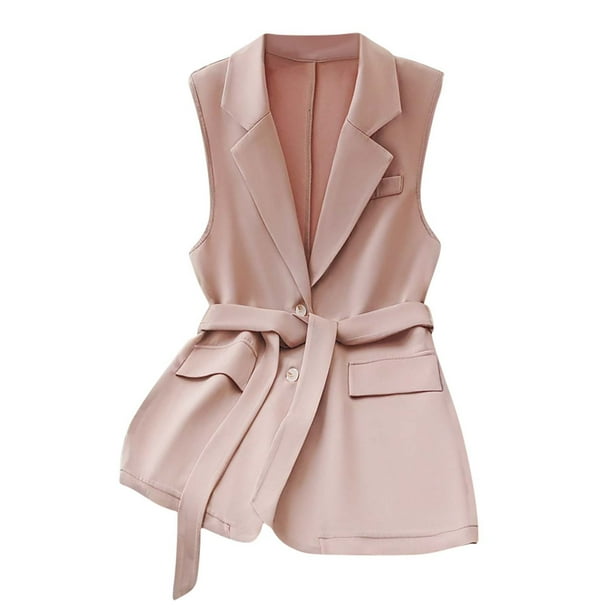 Abrigo y chaquetas informales sin mangas y sin capucha para mujer, estilo femenino, sin mangas, con solapa y cinturón, color liso, parte superior de poliéster para mujer