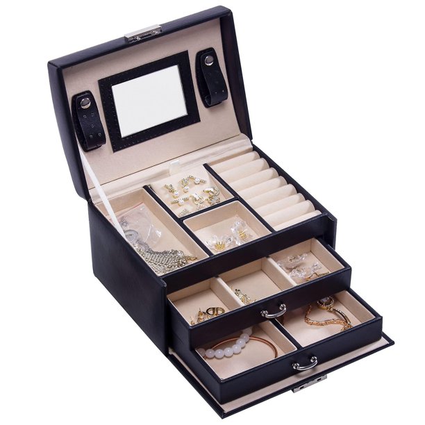 Joyero, Caja De Almacenamiento De Joyas De Cuero Pu De 3 Capas con Espejo Y Cerradura, Tipo Cajón, Utilizado para Guardar Anillos