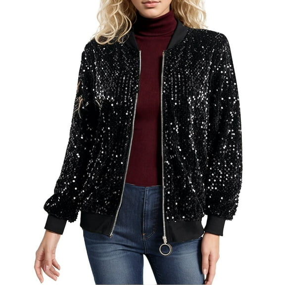 Womens Sequin Jacket Plus Size Sparkle Long Sleeve Jackets Front Zip Loose Blazer Bomber Coat with Pockets (Black L)