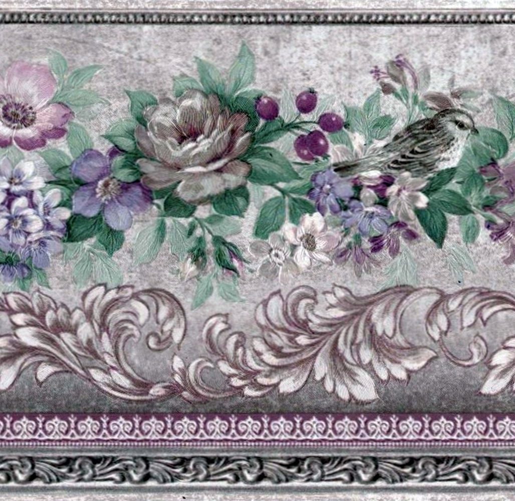 Prepasted Wallpaper Border - Floral Beige, Green, Purple, Pink Flowers