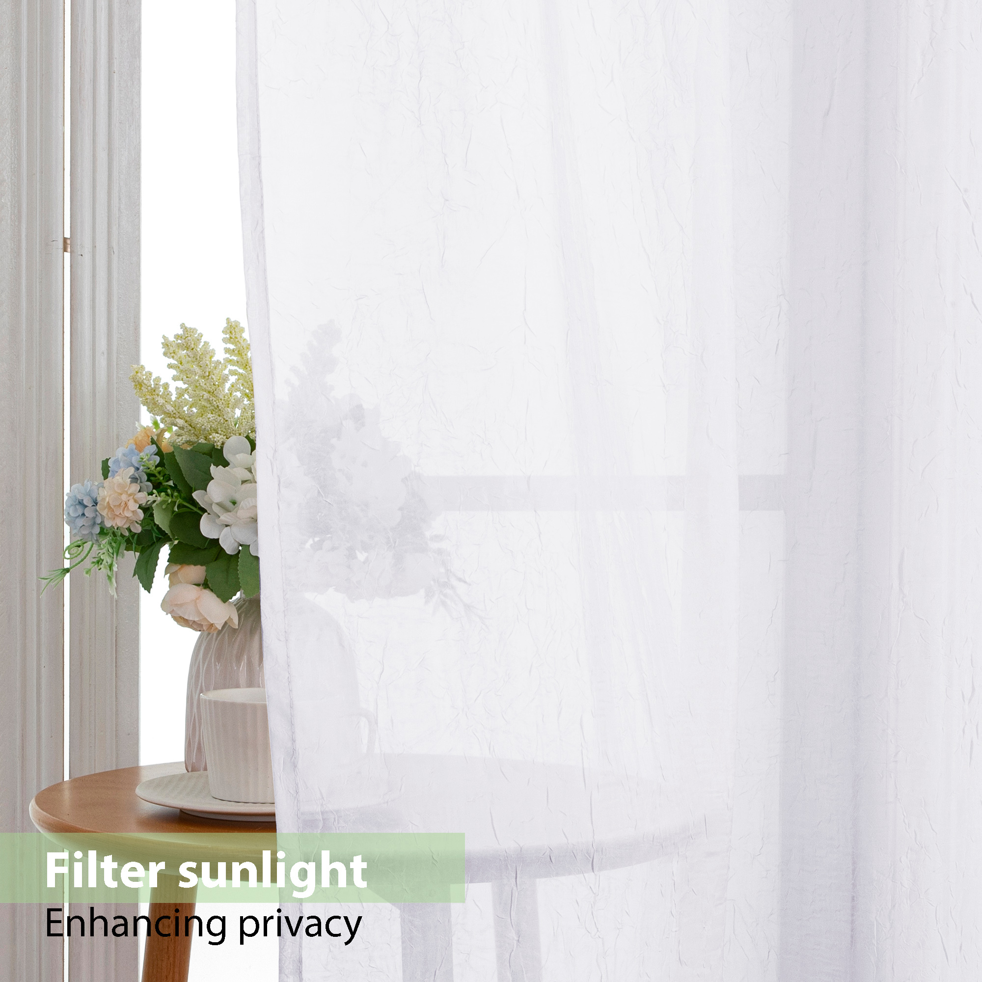 OVZME Crushed White Sheer Curtains 42x63 (2 Panels) photo 5