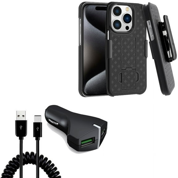 Car Charger & Case Belt Clip for iPhone 15 Pro Max - 36W Fast 2-Port USB Coiled Cable Type-C and Holster Swivel Cover Kickstand Z4G for iPhone 15 Pro Max (6.7")