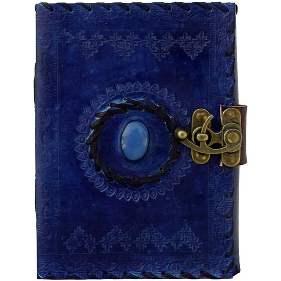 Tuzech Leather Journal Writing $ Handmade Bound Vintage Notebook of Shadows For Women and Men with Lock And Semiprecious Stone Gift Art,Travel Diary To Write In 7 by 5 Inches Dark Blue