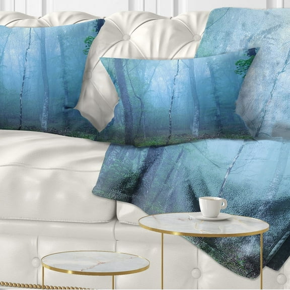 Designart Dark Foggy Forest Trees - Landscape Photography Throw Pillow - 12x20
