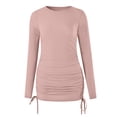 thumbnail image 4 of VSSSJ Women's Crewneck Long Sleeve Ruched Slim Ribbed Basic T-Shirt Dresses Solid Color Side Drawstring Lace-Up Bodycon Mini Dress Pink L, 4 of 6