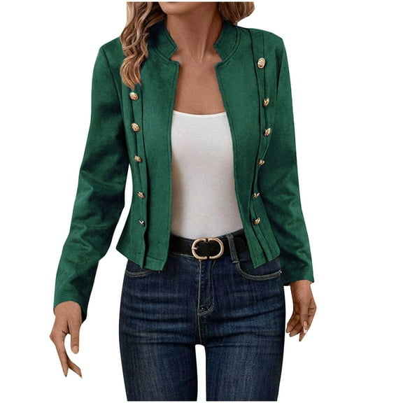 HTNBO Womens Cropped Jacket Fall Casual Long Sleeve Suede Blazer Lightweight Button Down Work Office Outwear