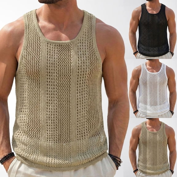 Men's Muscle Tank Tops Open-Knit Crochet Summer Beach Vacation Shirts Sleeveless Scoop Neck Lightweight Breathable Casual Hollow Out