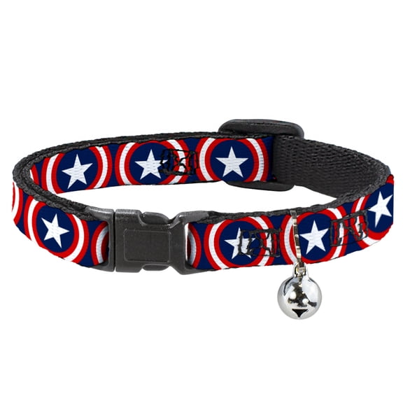 Marvel Comics Breakaway Cat Collar With Bell, Plastic Clip, Easy Adjustable, Captain America Shield Repeat Navy, 8.5 to 12 Inches 0.5 Inch Wide