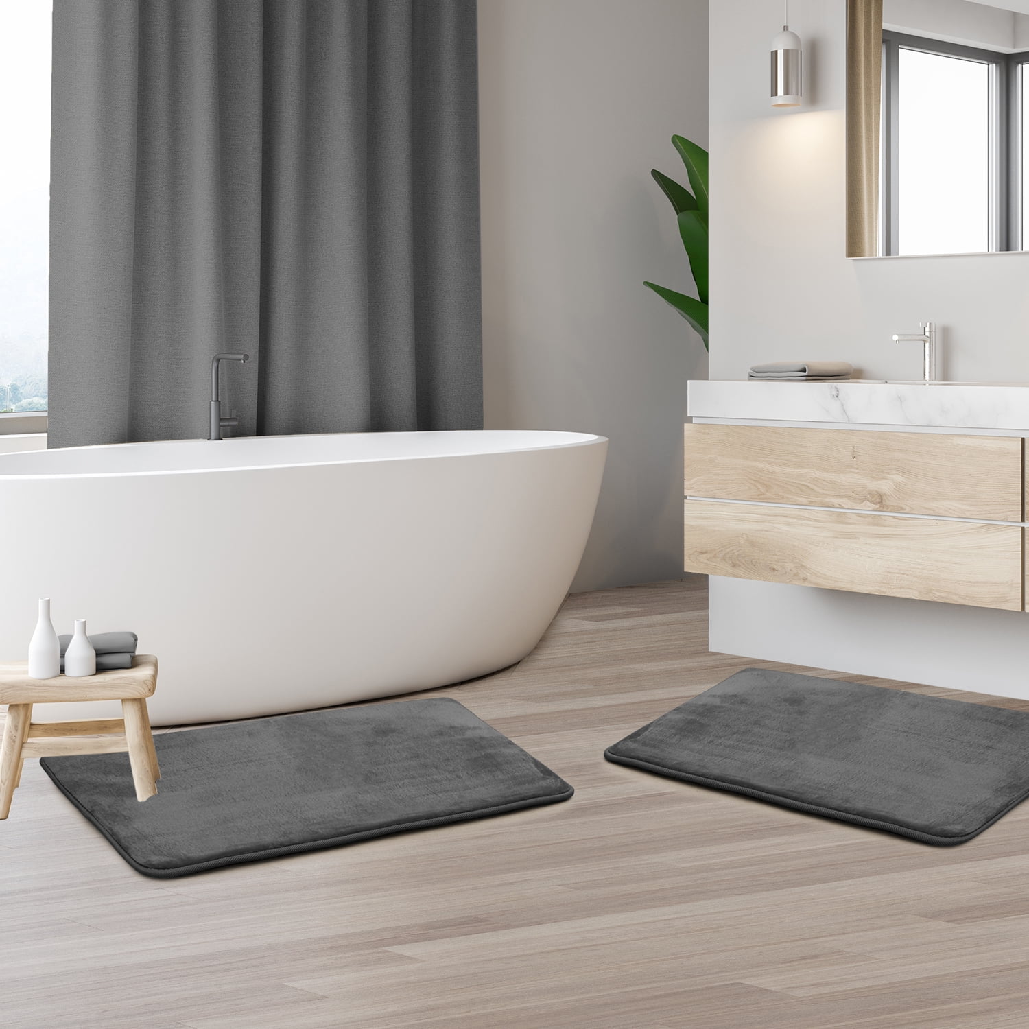 2 Piece Premium Memory Foam Bathroom Mat Set - Absorbent Luxury Plush Non Slip Carpet for Tub Shower & Bath Room, Soft Floor Mats, Machine Washable - Set of 2 17x24 Inch Bath Rugs, Gray