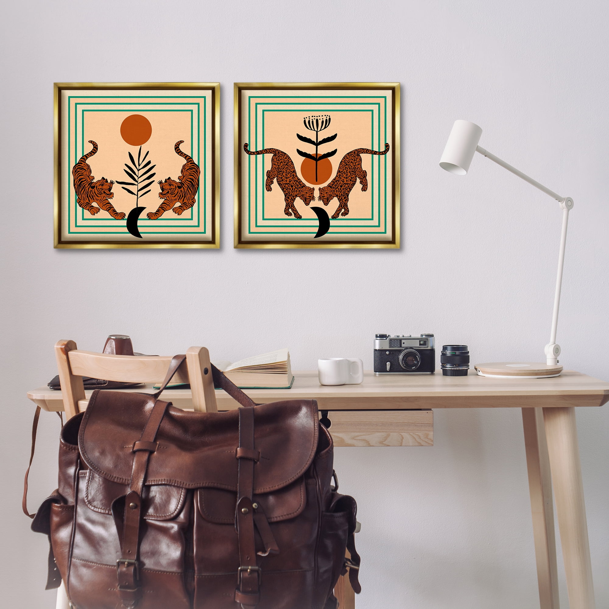 Stupell Industries Boho Symmetrical Wild Cats Animals Painting Gold Floater Framed Canvas Art Print Wall Art, 18 x 18, Set of 2