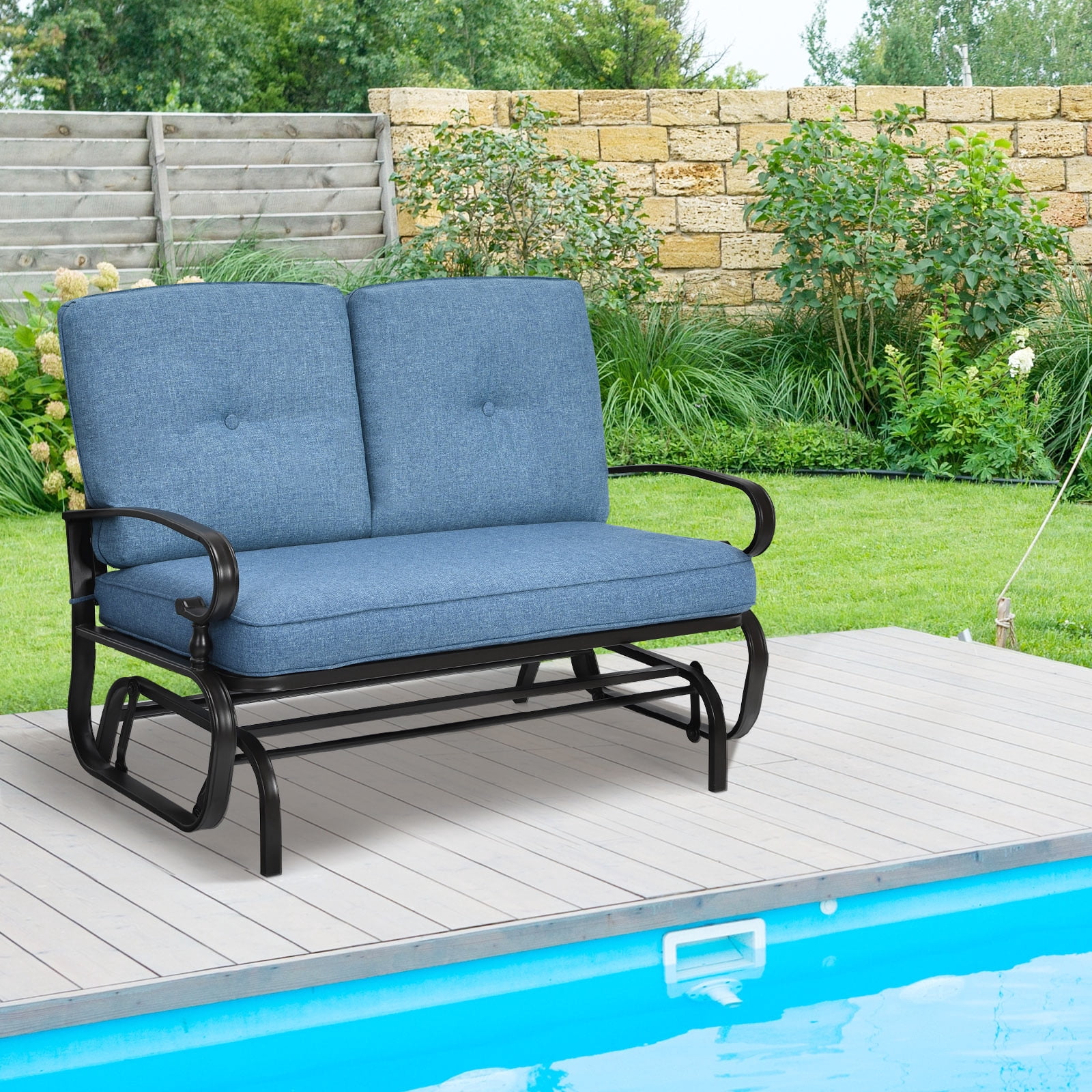 Topbuy 2-Person Outdoor Bench Patio Swing Glider Chair with Cushions Rocking Chair Cushioned Sofa Blue