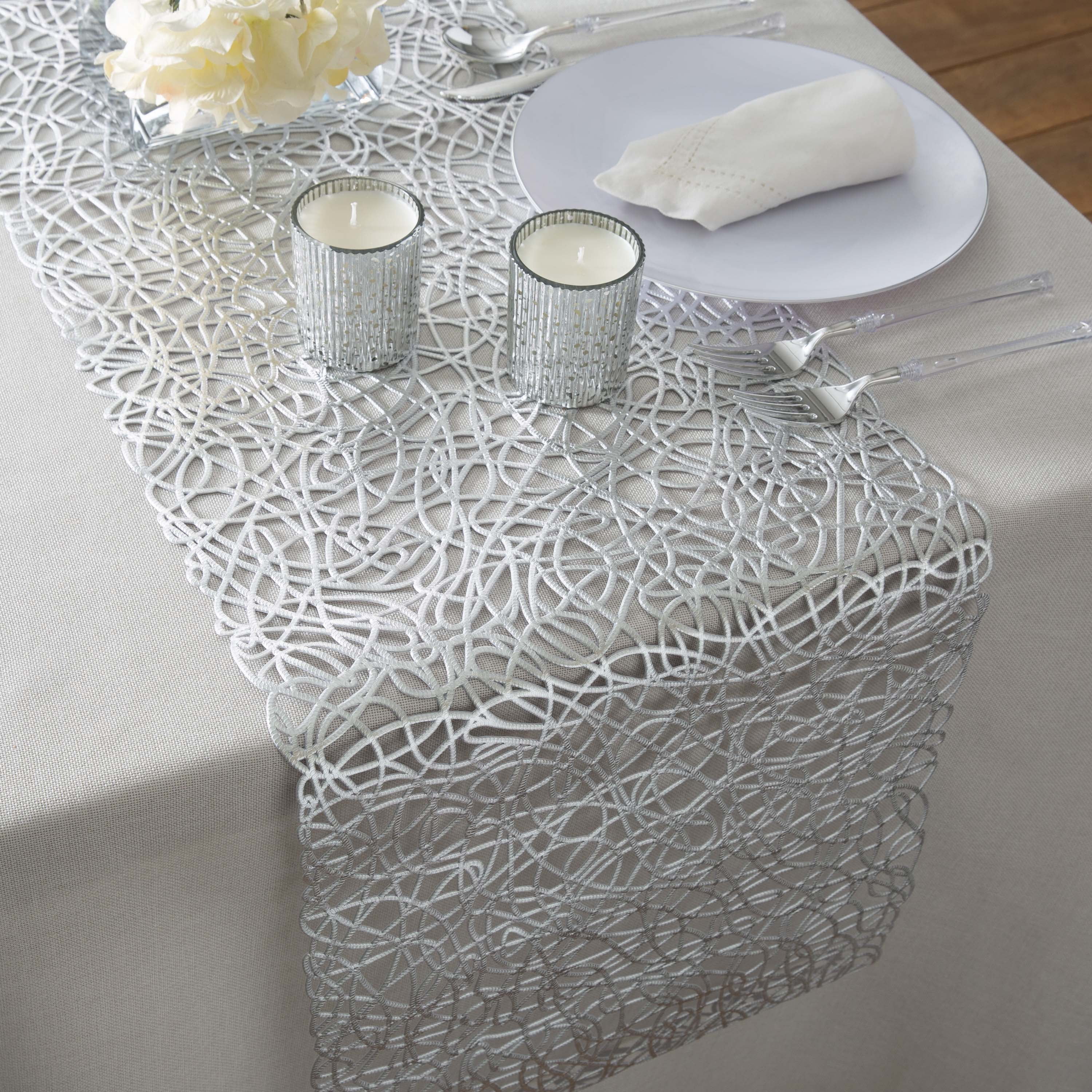 Home Details 59” x 13.75” Rope Laser Cut PVC Table Runner, Silver