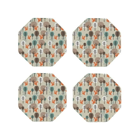 

Fuzoiu Squirrels and Trees Print Leather Coasters Set Drink Coasters Set of 4 for Tabletop Protection Durable PVC Coasters Home Décor and Housewarming Gift-Octagon