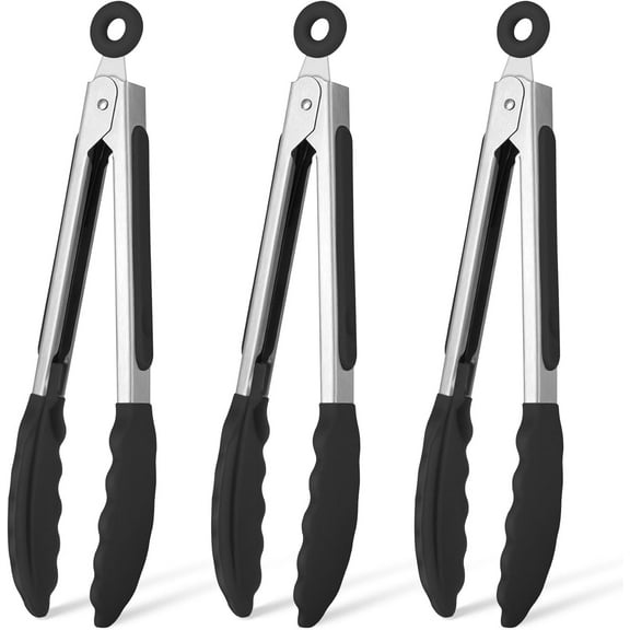 Serving Tongs Kitchen Tongs - Heat Resistant, Premium Stainless Steel Locking Cooking Tongs with Silicone Tips, Mini Tongs with Silicone Tips 7-Inch Kitchen Tongs, Set of 3 (Black)